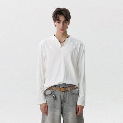 Plain Color Henley Collar L/S T-Shirt Korean Street Fashion T-Shirt By Mr Nearly Shop Online at OH Vault