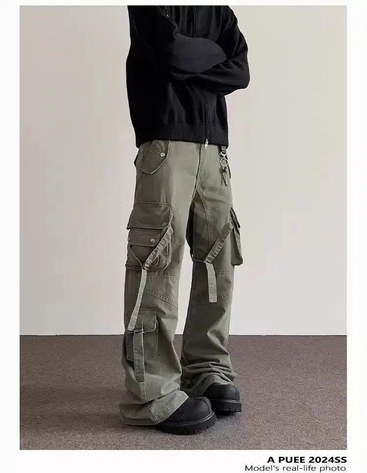 Multi-Pocket Strap Cargo Pants Korean Street Fashion Pants By A PUEE Shop Online at OH Vault