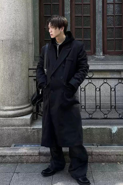 Double Breasted Lapel Long Coat Korean Street Fashion Long Coat By Dark Fog Shop Online at OH Vault