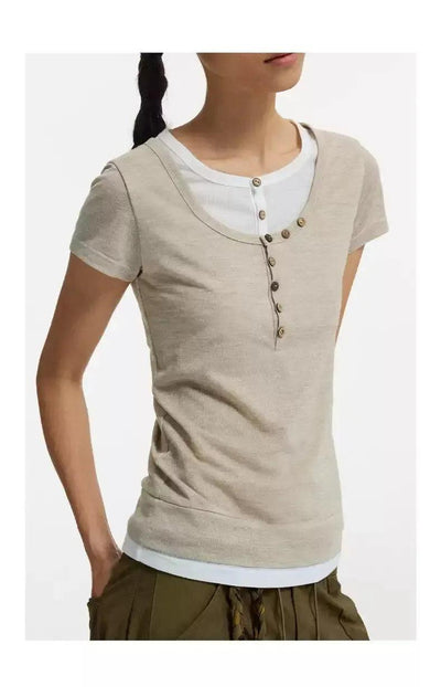 Layered and Buttoned T-Shirt Korean Street Fashion T-Shirt By Conp Conp Shop Online at OH Vault