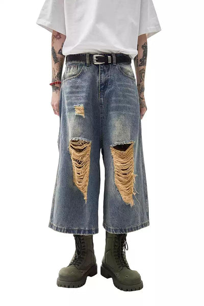 Distressed Mid-Length Denim Shorts Korean Street Fashion Shorts By Ash Dark Shop Online at OH Vault