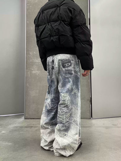 Vintage Printed Key Chain Wide Jeans Korean Street Fashion Jeans By Dark Fog Shop Online at OH Vault