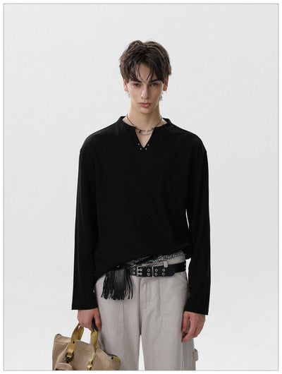 Plain Color Henley Collar L/S T-Shirt Korean Street Fashion T-Shirt By Mr Nearly Shop Online at OH Vault