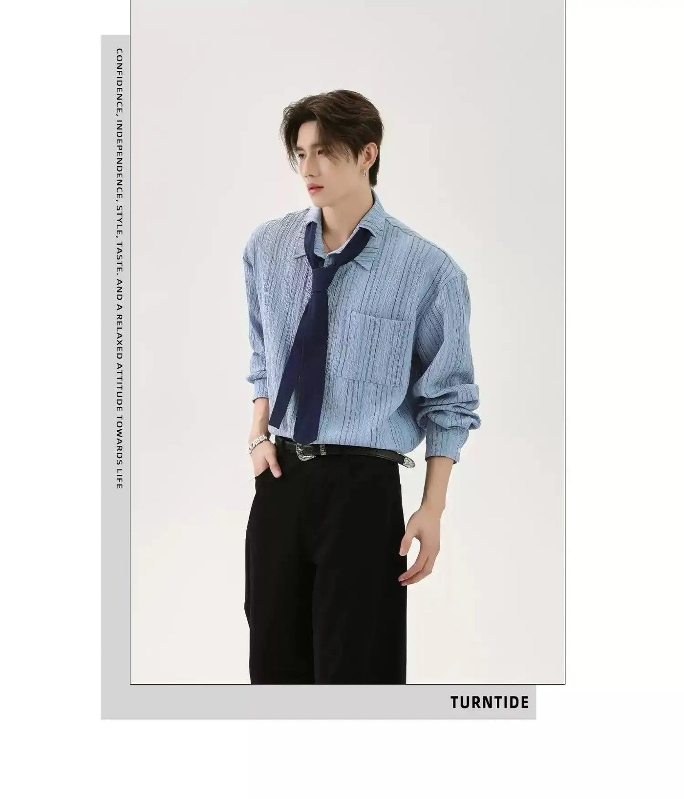 Textured Striped Neck Tie Long Sleeve Shirt Korean Street Fashion Shirt By Turn Tide Shop Online at OH Vault