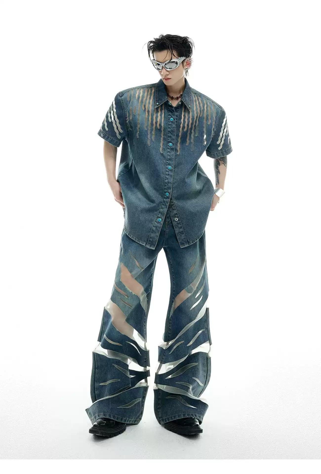 Mesh Spliced Denim Shirt & Wide Jeans Set Korean Street Fashion Clothing Set By Argue Culture Shop Online at OH Vault