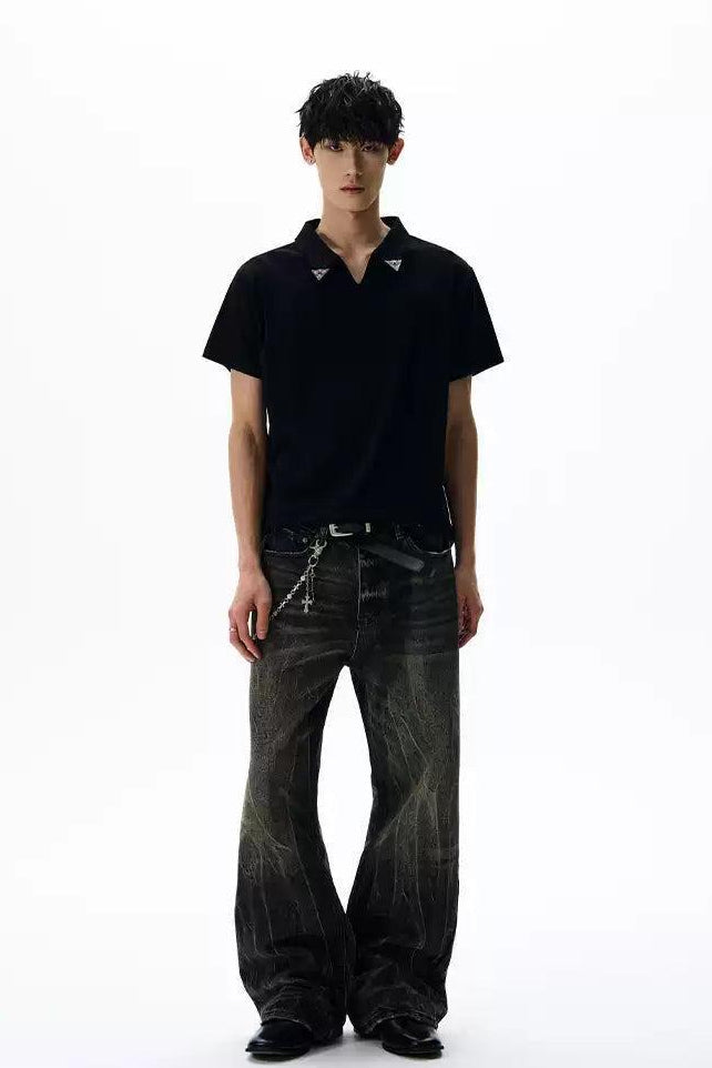 Minimal Triangle Metal V-Neck Polo Korean Street Fashion Polo By A PUEE Shop Online at OH Vault