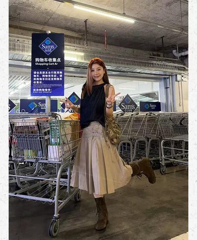 Strapped & Pleated Midi Skirt Korean Street Fashion Skirt By Made Extreme Shop Online at OH Vault