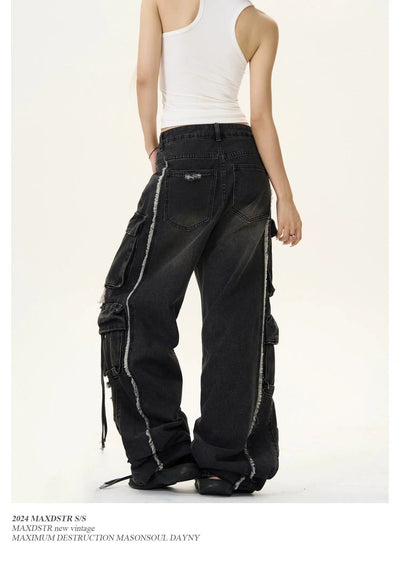 Ripped Hole Fuzzy Seam Cargo Jeans Korean Street Fashion Jeans By MaxDstr Shop Online at OH Vault