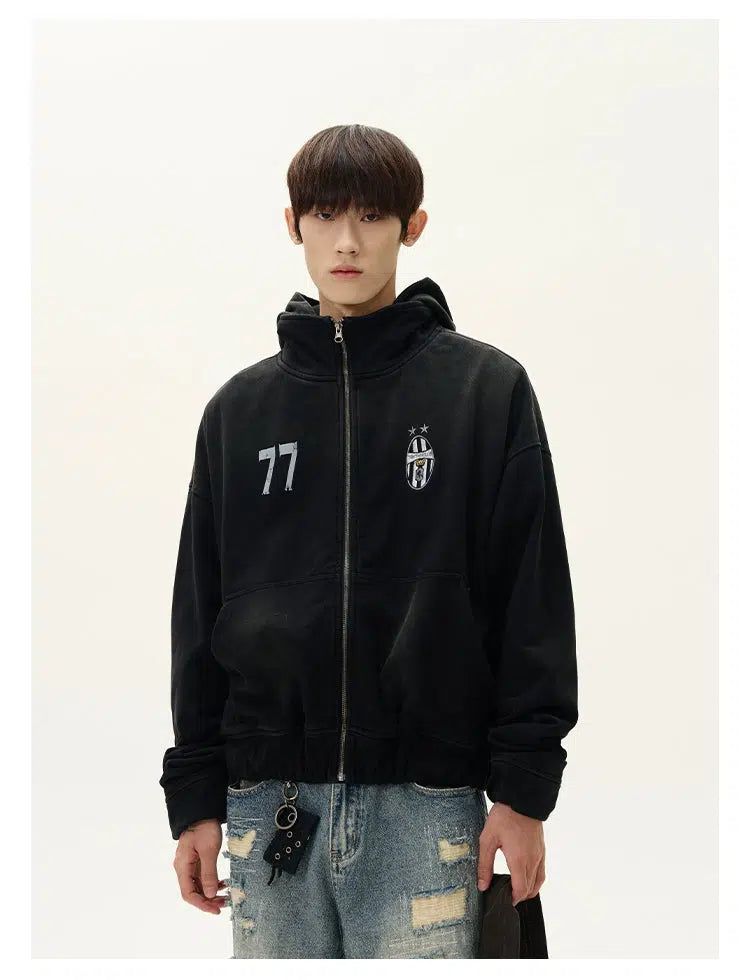 Badge Detail Zip-Up Hoodie Korean Street Fashion Hoodie By A PUEE Shop Online at OH Vault