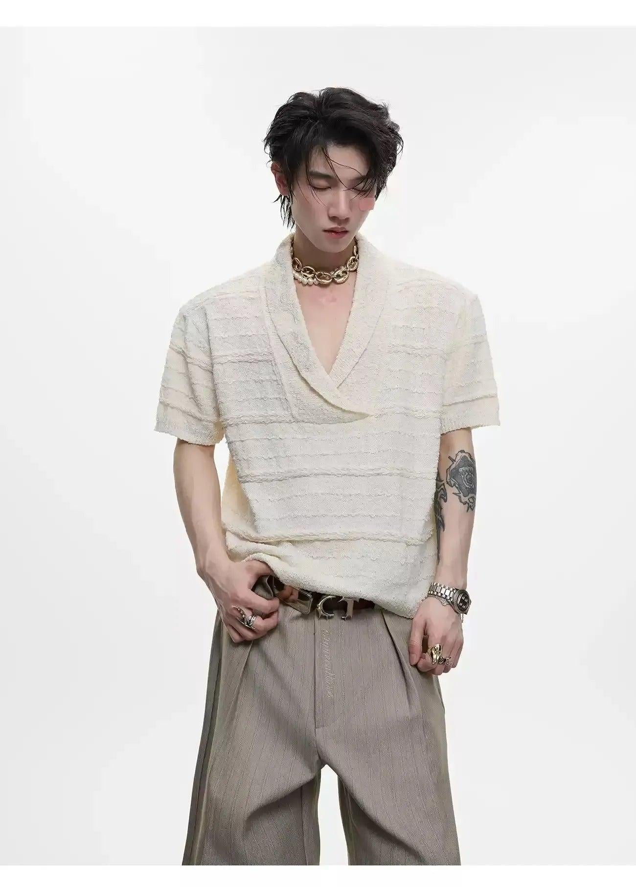 Textured V-Neck Knit T-Shirt Korean Street Fashion T-Shirt By Argue Culture Shop Online at OH Vault
