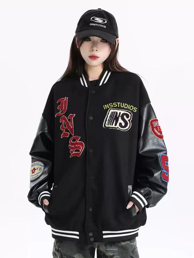 Spliced Faux Leather Sleeve Varsity Jacket Korean Street Fashion Jacket By INS Korea Shop Online at OH Vault