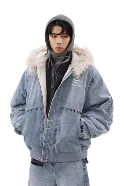 Faux Fur Hood Denim Jacket Korean Street Fashion Jacket By Mr Nearly Shop Online at OH Vault