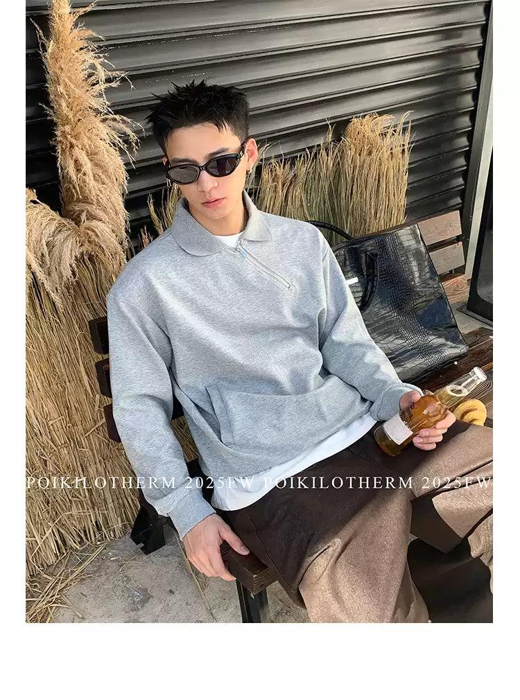 Ribbed Collar Diagonal Half-Zip Korean Street Fashion Half-Zip By Poikilotherm Shop Online at OH Vault