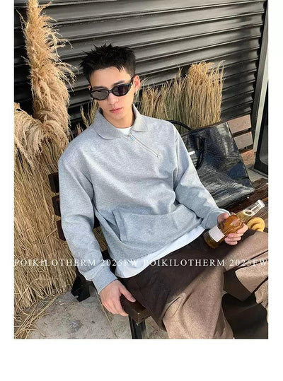 Ribbed Collar Diagonal Half-Zip Korean Street Fashion Half-Zip By Poikilotherm Shop Online at OH Vault