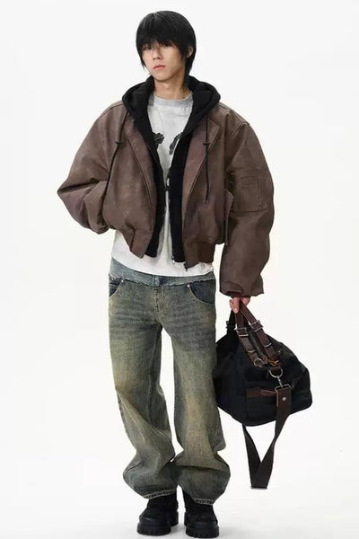 Layered Hooded PU Leather Jacket Korean Street Fashion Jacket By 77Flight Shop Online at OH Vault