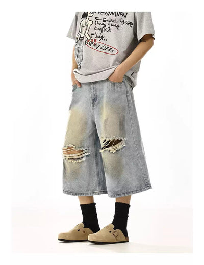 Stain Washed Ripped Denim Shorts Korean Street Fashion Shorts By MEBXX Shop Online at OH Vault