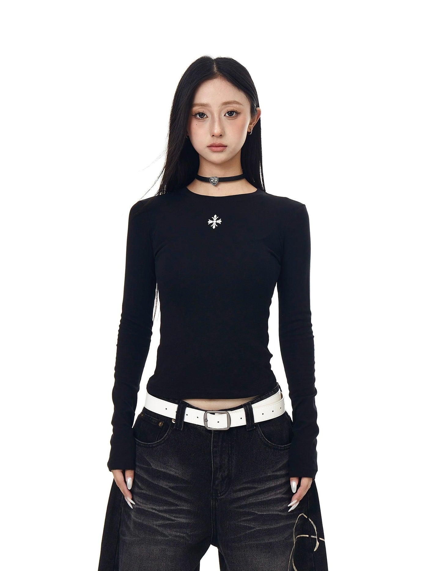 Cross Print Slim Fit L/S T-Shirt Korean Street Fashion T-Shirt By Blacklists Shop Online at OH Vault
