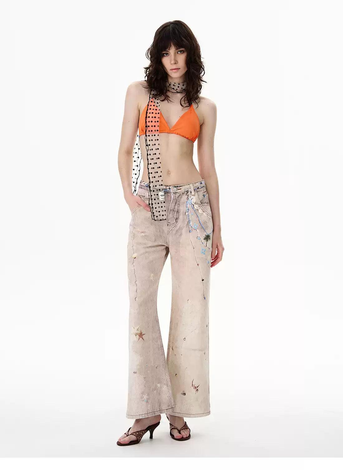 Washed Embroidered Flared Jeans Korean Street Fashion Jeans By 77Flight Shop Online at OH Vault