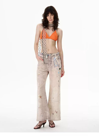 Washed Embroidered Flared Jeans Korean Street Fashion Jeans By 77Flight Shop Online at OH Vault