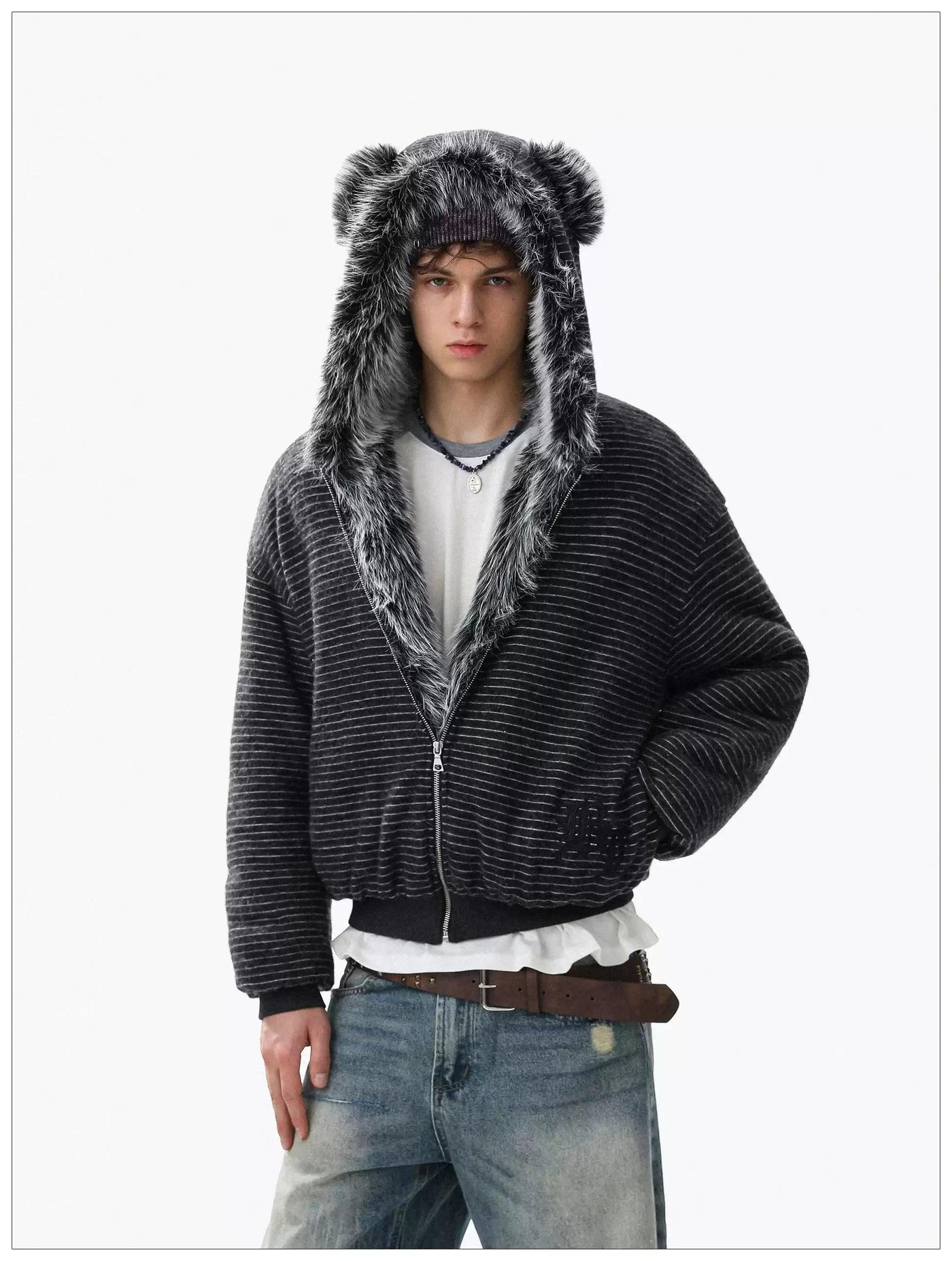 Teddy Bear Fur-Trimmed Stripes Jacket Korean Street Fashion Jacket By Mr Nearly Shop Online at OH Vault