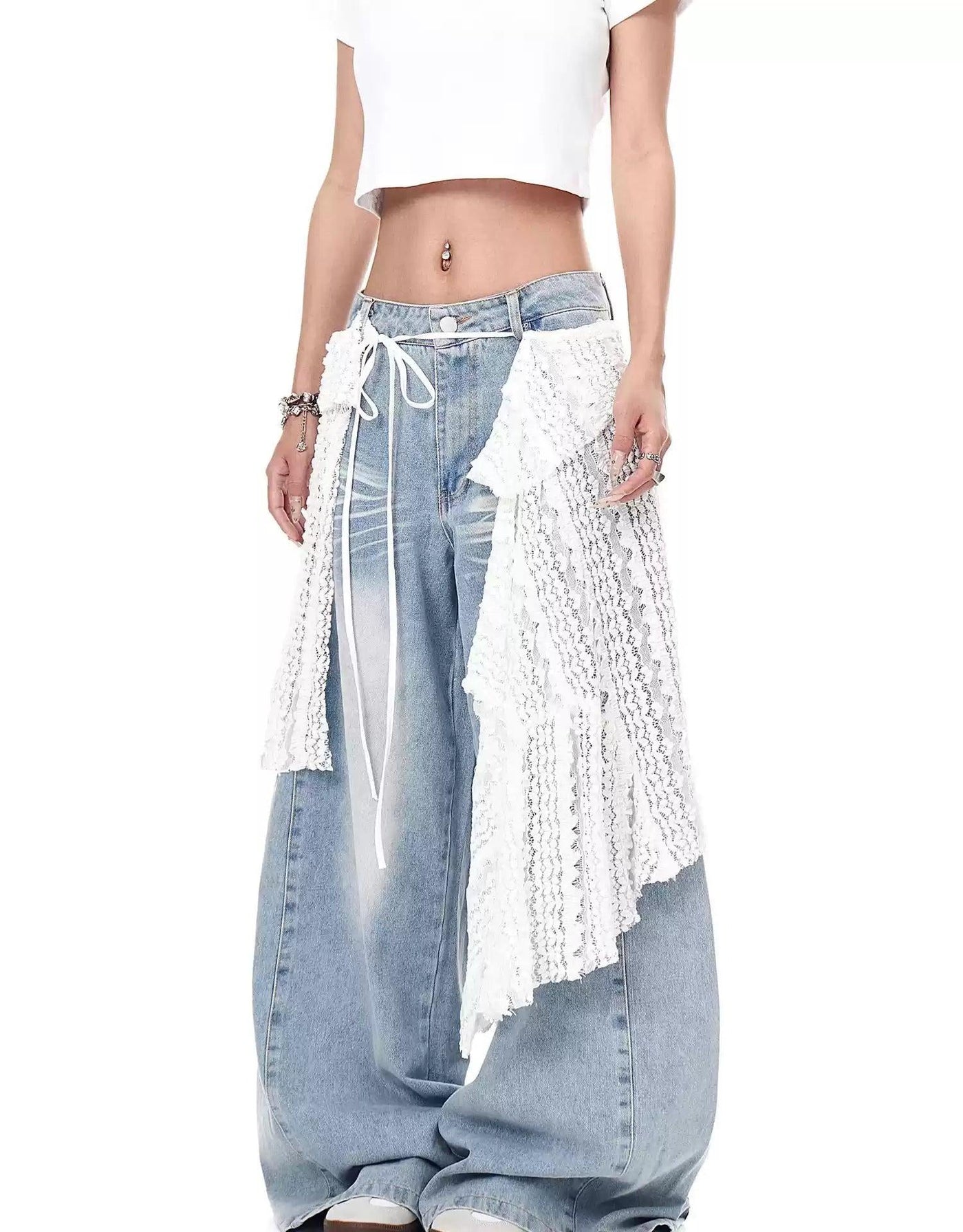 Lace Fabric Layered Jeans Korean Street Fashion Jeans By Blacklists Shop Online at OH Vault