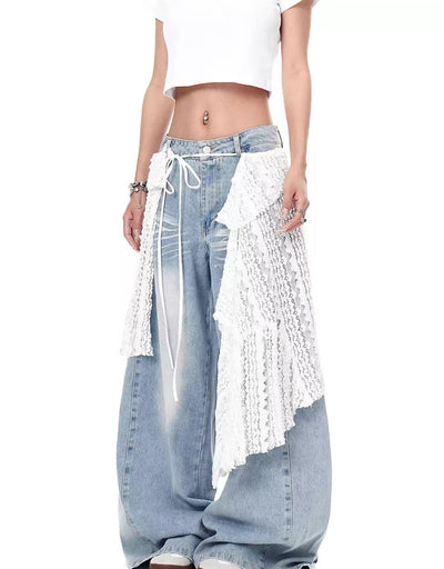 Lace Fabric Layered Jeans Korean Street Fashion Jeans By Blacklists Shop Online at OH Vault