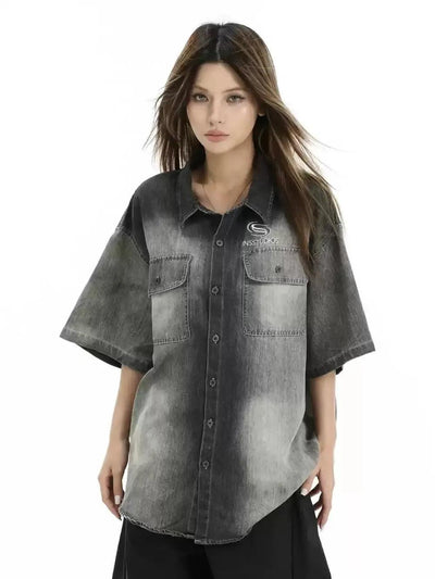 Faded Front Pocket Denim Shirt Korean Street Fashion Shirt By INS Korea Shop Online at OH Vault