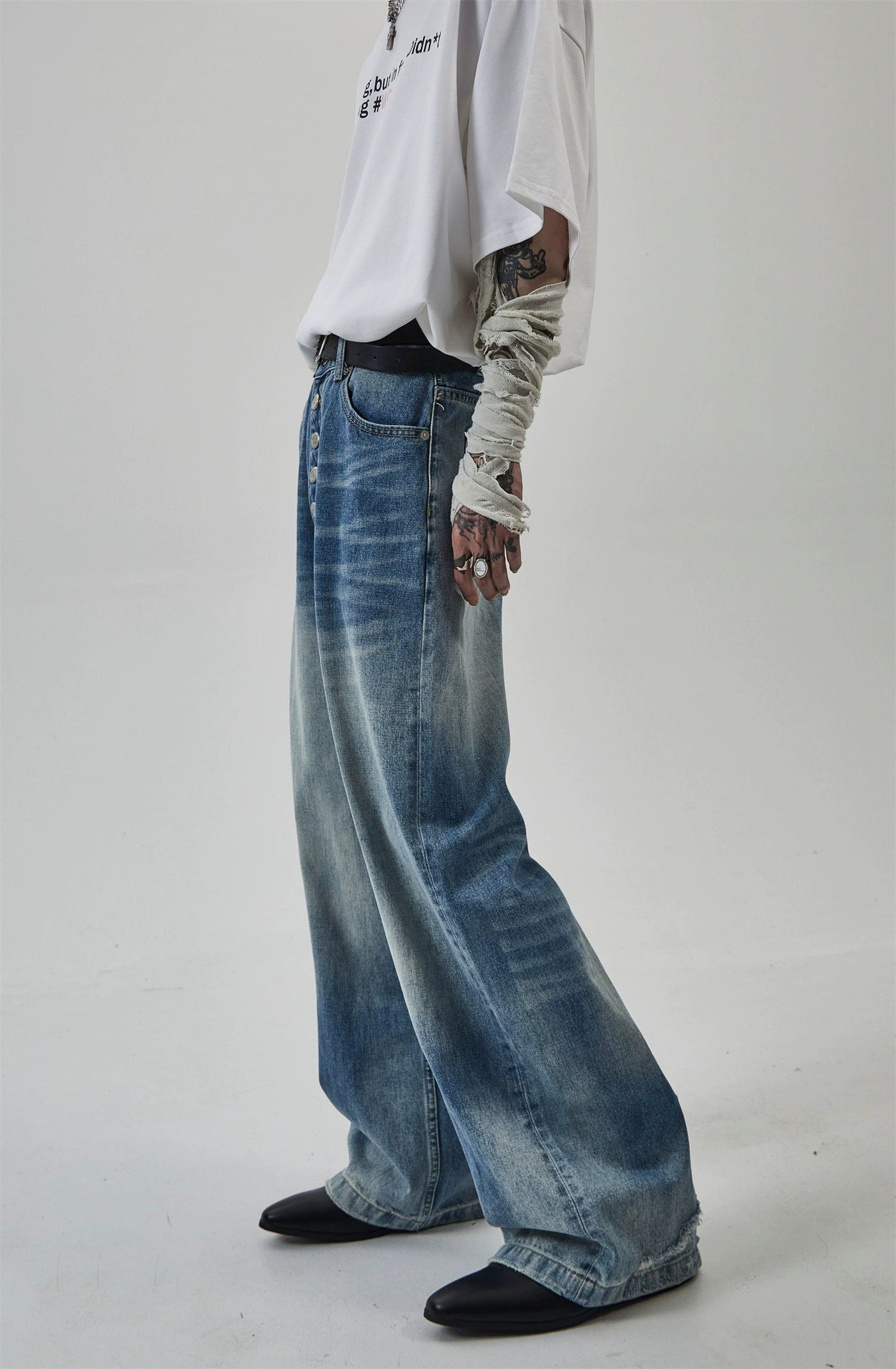 Rippled Wash Button-Down Jeans Korean Street Fashion Jeans By Ash Dark Shop Online at OH Vault
