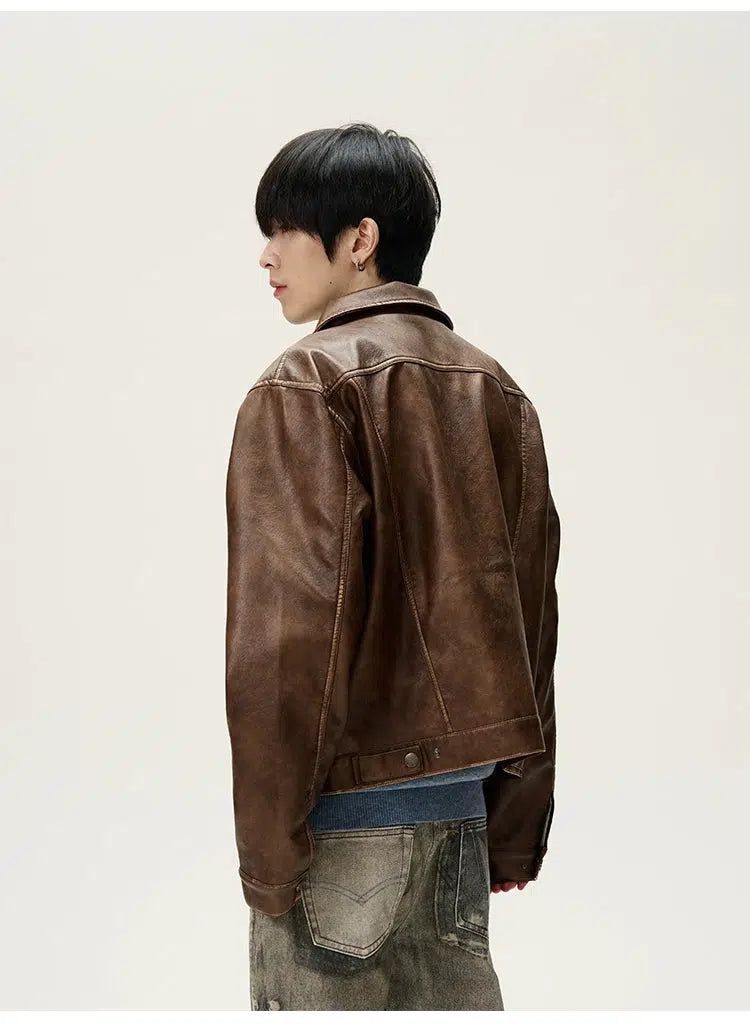 Distressed Stand Collar PU Leather Jacket Korean Street Fashion Jacket By 77Flight Shop Online at OH Vault