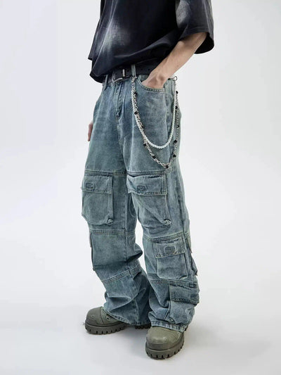 Distressed Fade Multi-Pocket Cargo Jeans Korean Street Fashion Jeans By Ash Dark Shop Online at OH Vault