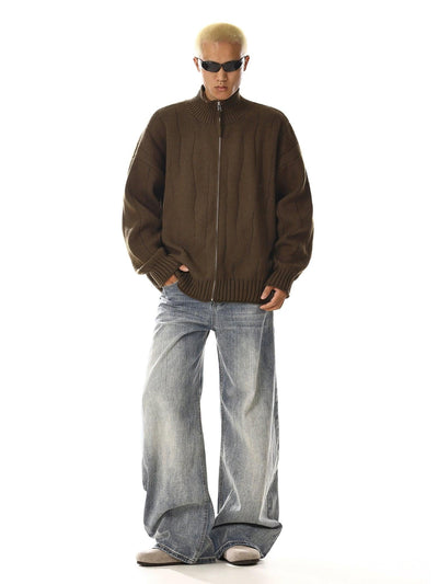 Stitched Pattern Zipped Knit Jacket Korean Street Fashion Jacket By MEBXX Shop Online at OH Vault