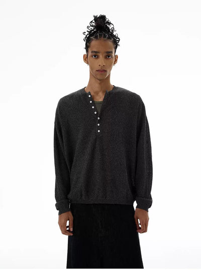 Henley Button Knit Long Sleeve T-Shirt Korean Street Fashion T-Shirt By 77Flight Shop Online at OH Vault