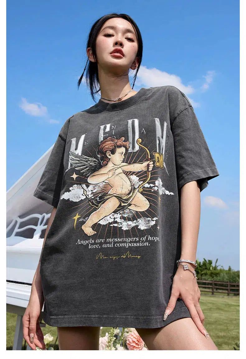 Cupid and Clouds Washed T-Shirt Korean Street Fashion T-Shirt By Mr Enjoy Da Money Shop Online at OH Vault