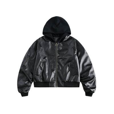 Spliced Hood Bomber Leather Jacket Korean Street Fashion Jacket By MaxDstr Shop Online at OH Vault