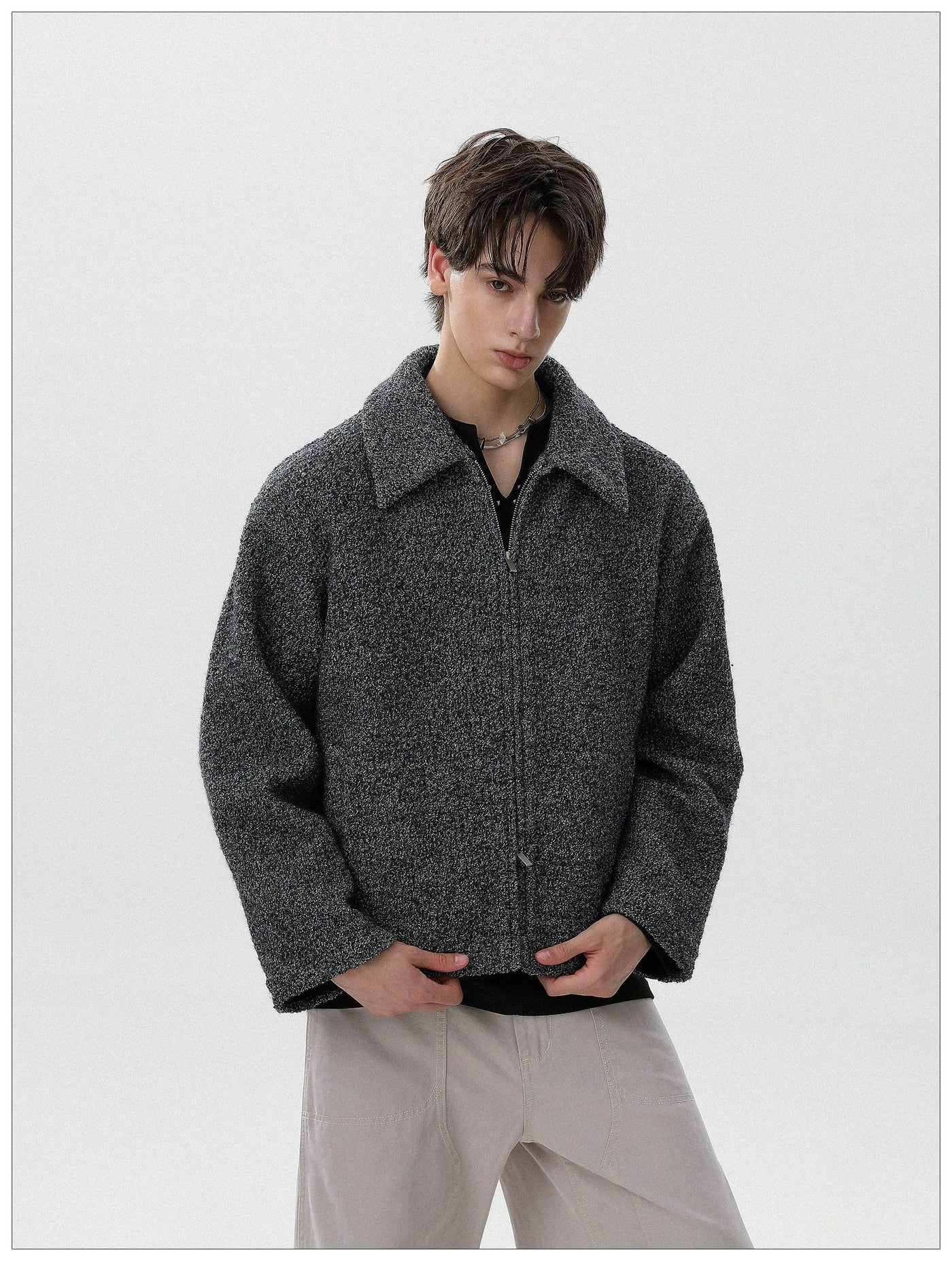 Fuzzy Textured Zip-Up Jacket Korean Street Fashion Jacket By Mr Nearly Shop Online at OH Vault