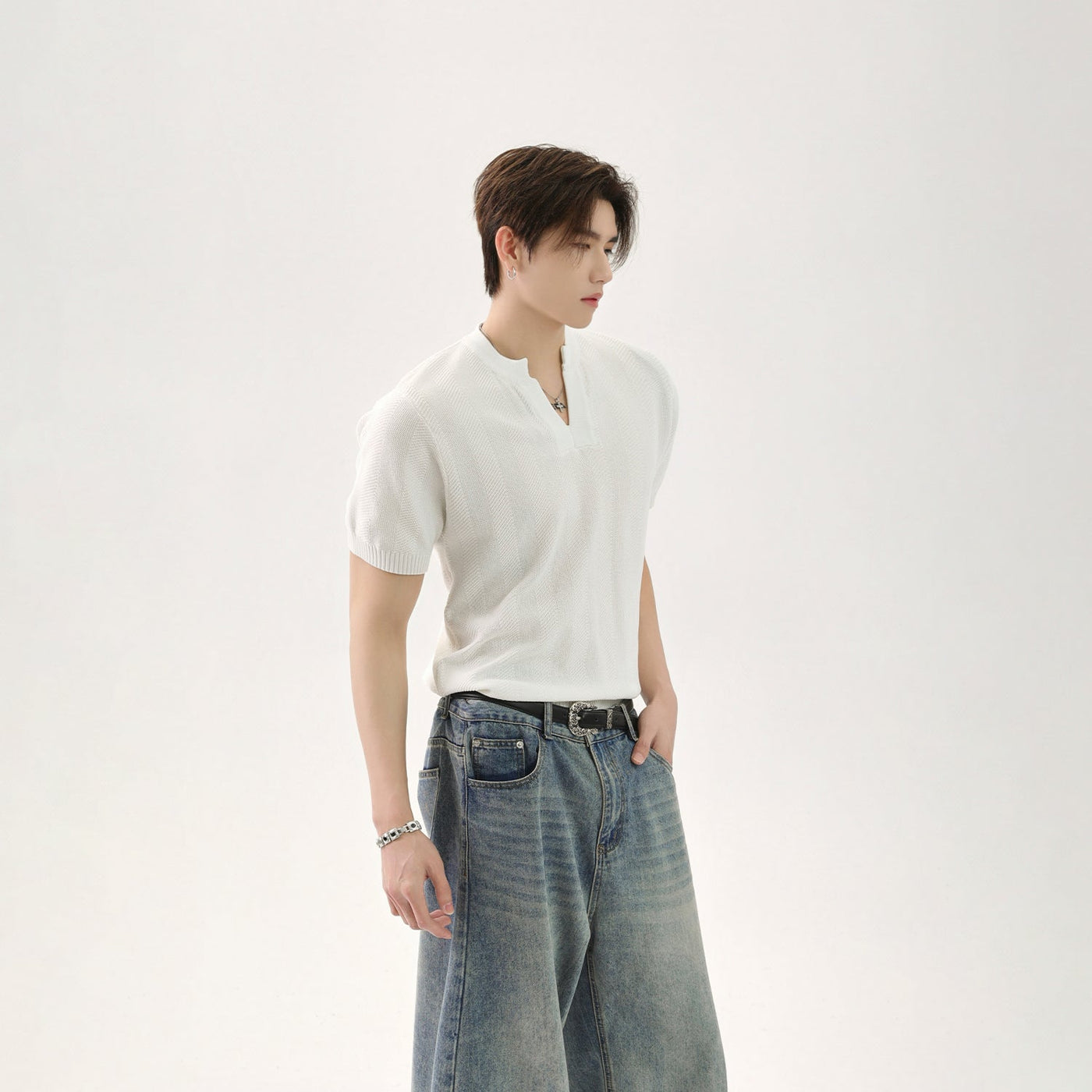 Plain V-Neck Knit T-Shirt Korean Street Fashion T-Shirt By Turn Tide Shop Online at OH Vault