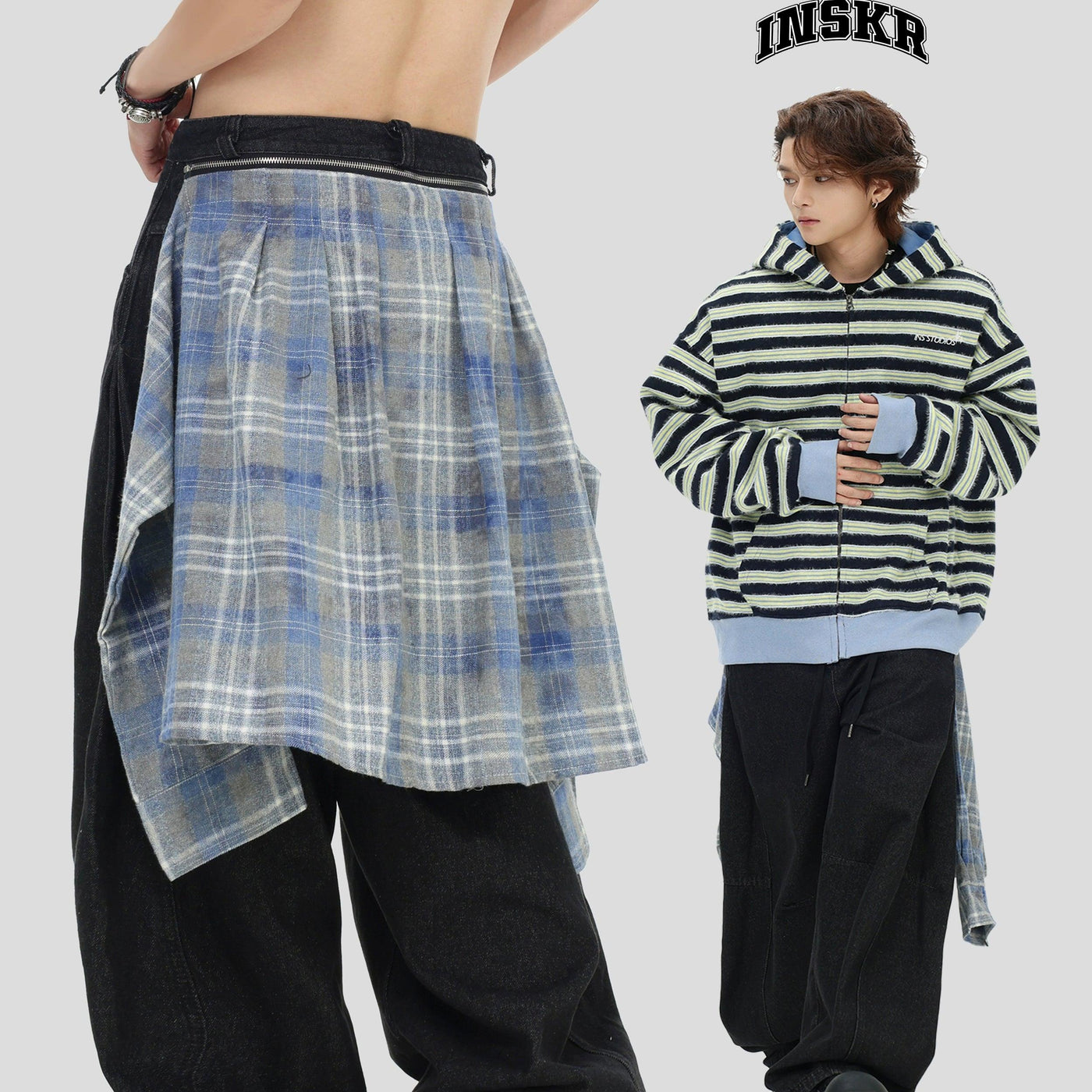 Spliced Plaid Shirt Tied Knot Jeans Korean Street Fashion Jeans By INS Korea Shop Online at OH Vault