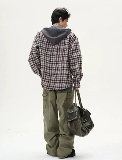 Plaid Drawstring Hooded Outer Shirt Korean Street Fashion Shirt By 77Flight Shop Online at OH Vault