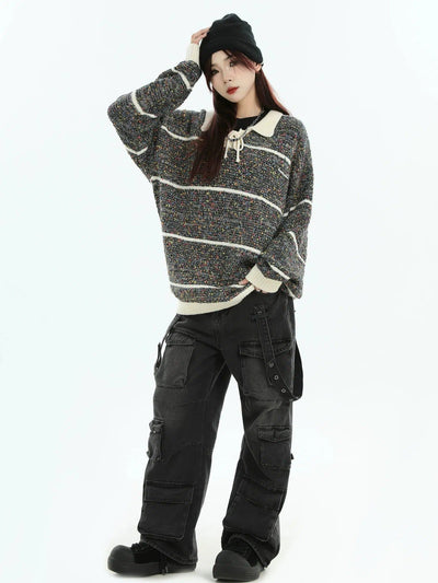 Colorful Dotted Tied-Lapel Sweater Korean Street Fashion Sweater By INS Korea Shop Online at OH Vault