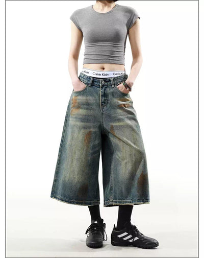 Stain Washed Wide Denim Shorts Korean Street Fashion Shorts By Mr Nearly Shop Online at OH Vault