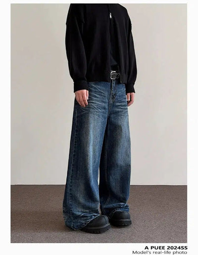 Creased Lines Wide Leg Jeans Korean Street Fashion Jeans By A PUEE Shop Online at OH Vault