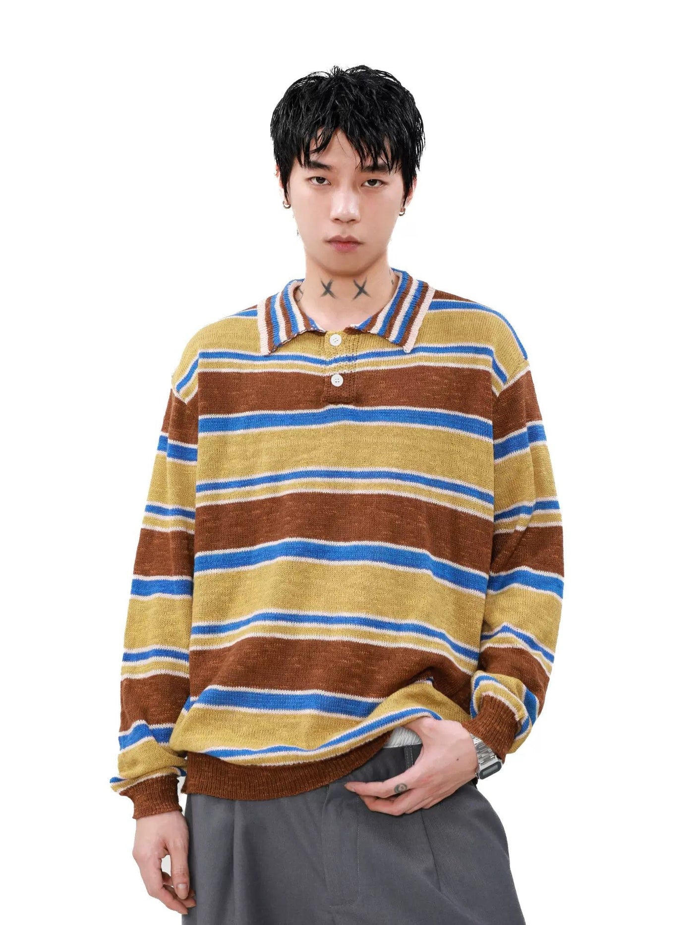 Tritone Striped Knit Long Sleeves Polo Korean Street Fashion Polo By Mr Nearly Shop Online at OH Vault