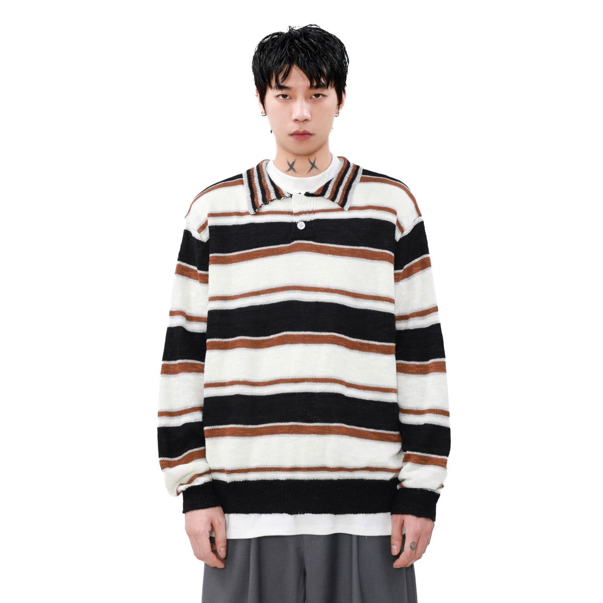 Tritone Striped Knit Long Sleeves Polo Korean Street Fashion Polo By Mr Nearly Shop Online at OH Vault