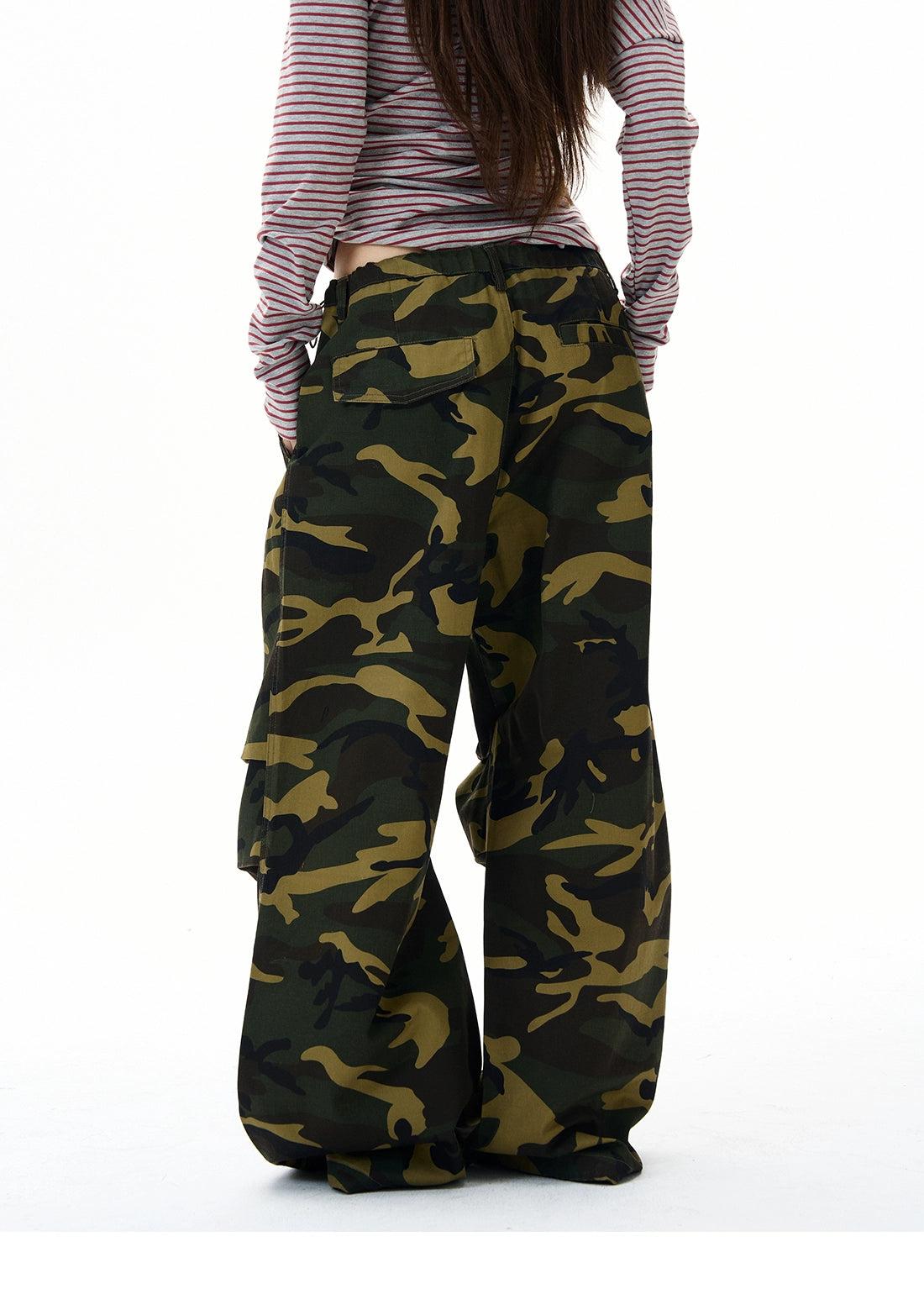 Drawcord Pleated Camo Pants Korean Street Fashion Pants By 77Flight Shop Online at OH Vault