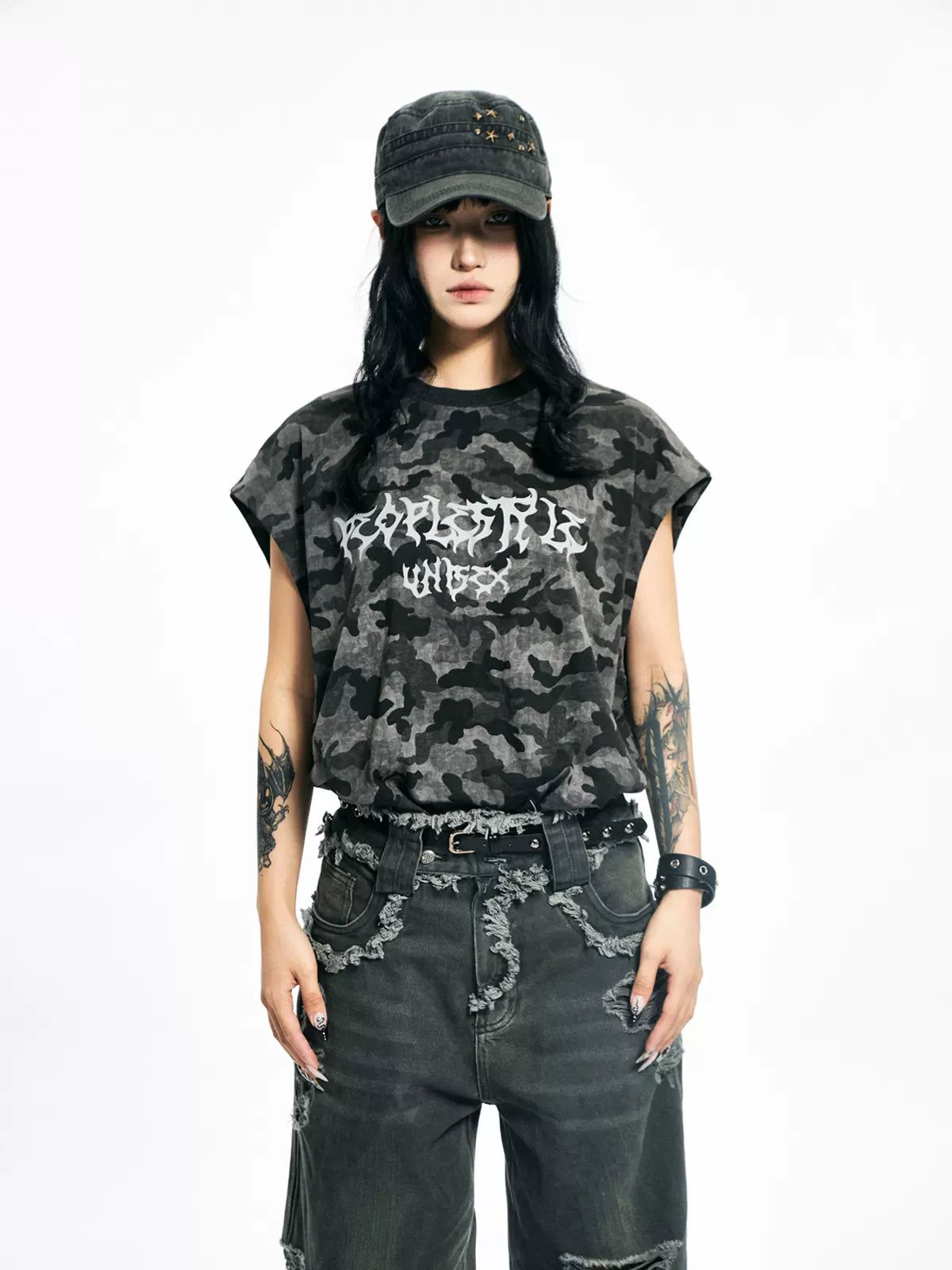 Grunge Logo Camouflage Tank Top Korean Street Fashion Tank Top By PeopleStyle Shop Online at OH Vault