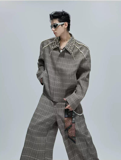 Pearled Line Checked Shirt & Wide Pants Set Korean Street Fashion Clothing Set By Argue Culture Shop Online at OH Vault
