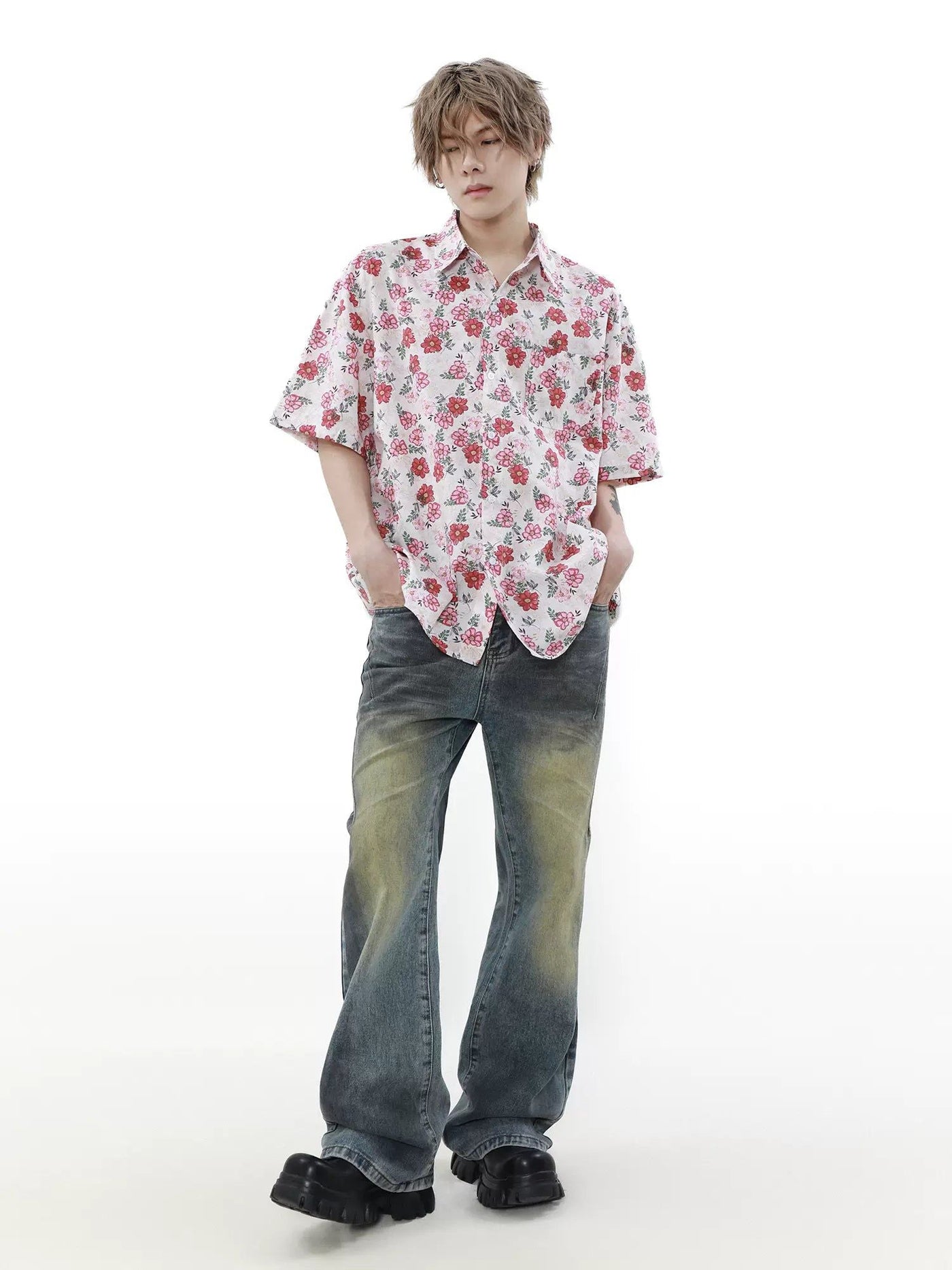 Vintage Red Floral Shirt Korean Street Fashion Shirt By Mr Nearly Shop Online at OH Vault