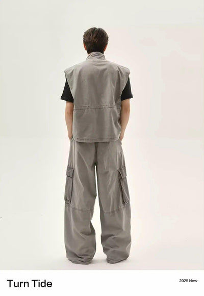 Washed Pocket Detail Denim Vest & Loose Fit Cargo Pants Set Korean Street Fashion Clothing Set By Turn Tide Shop Online at OH Vault