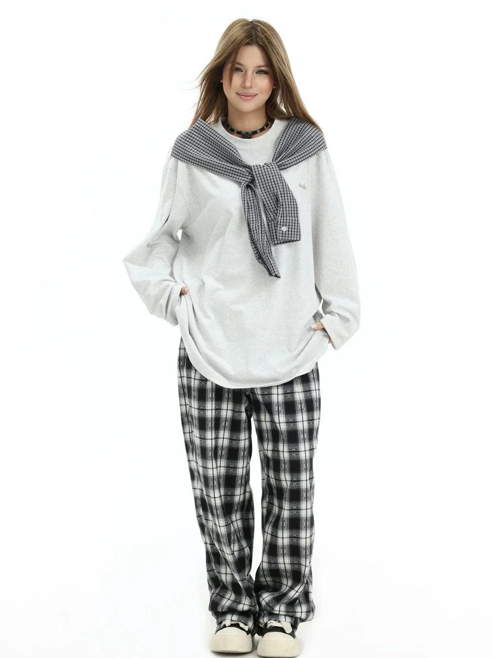 Spliced Plaid Long Sleeve T-Shirt Korean Street Fashion T-Shirt By INS Korea Shop Online at OH Vault