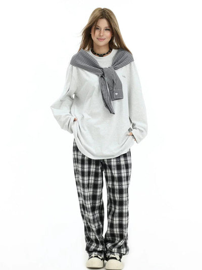 Spliced Plaid Long Sleeve T-Shirt Korean Street Fashion T-Shirt By INS Korea Shop Online at OH Vault